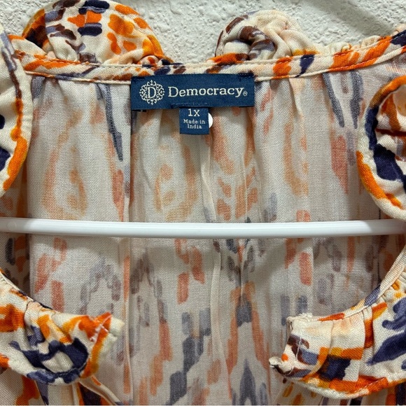 Democracy Below Elbow Sleeve Curl Edge Ruffle Neck Woven Top Orange NWT 1X - Picture 5 of 9